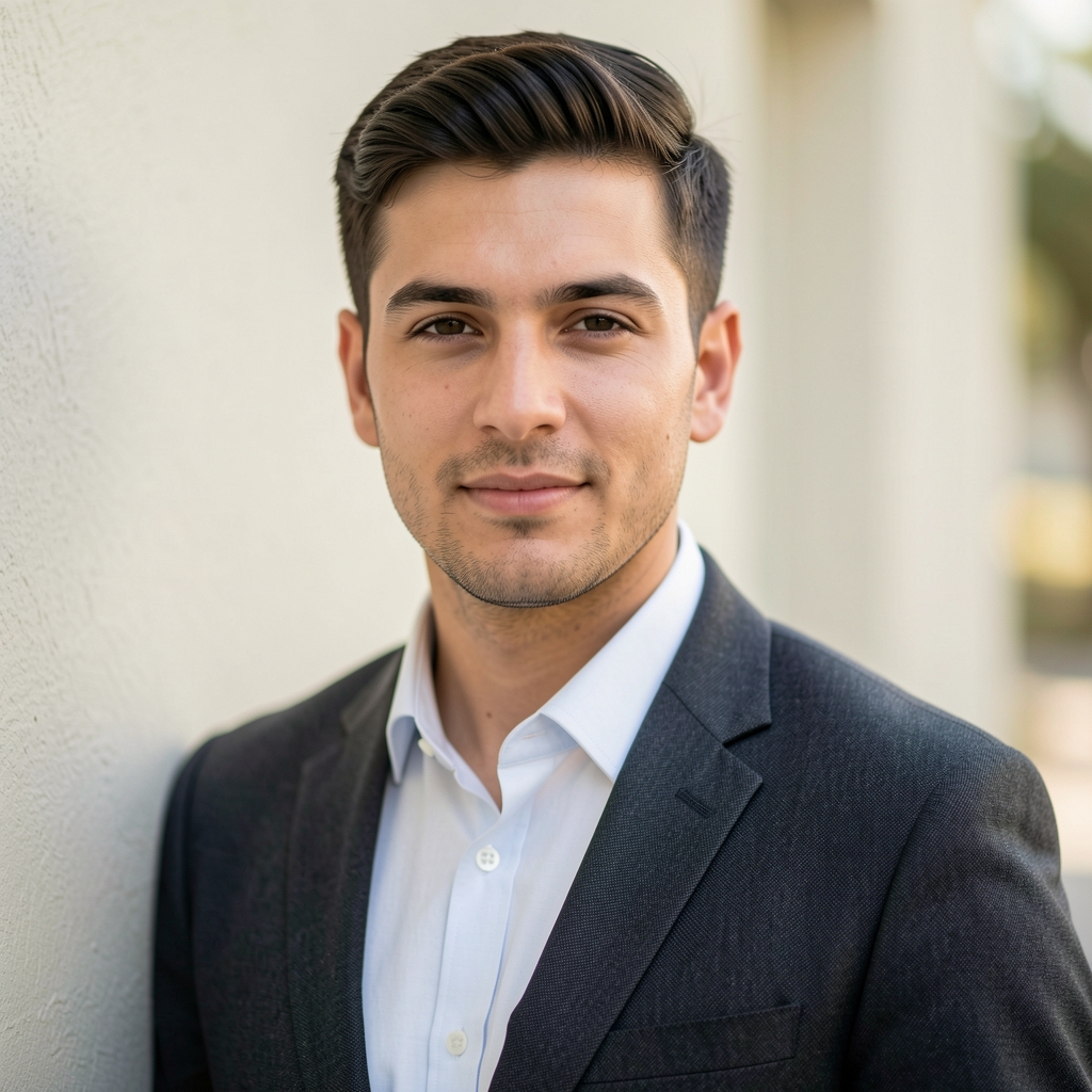 Editorial portrait of Tobias Ashcroft, soft natural window light, neutral background