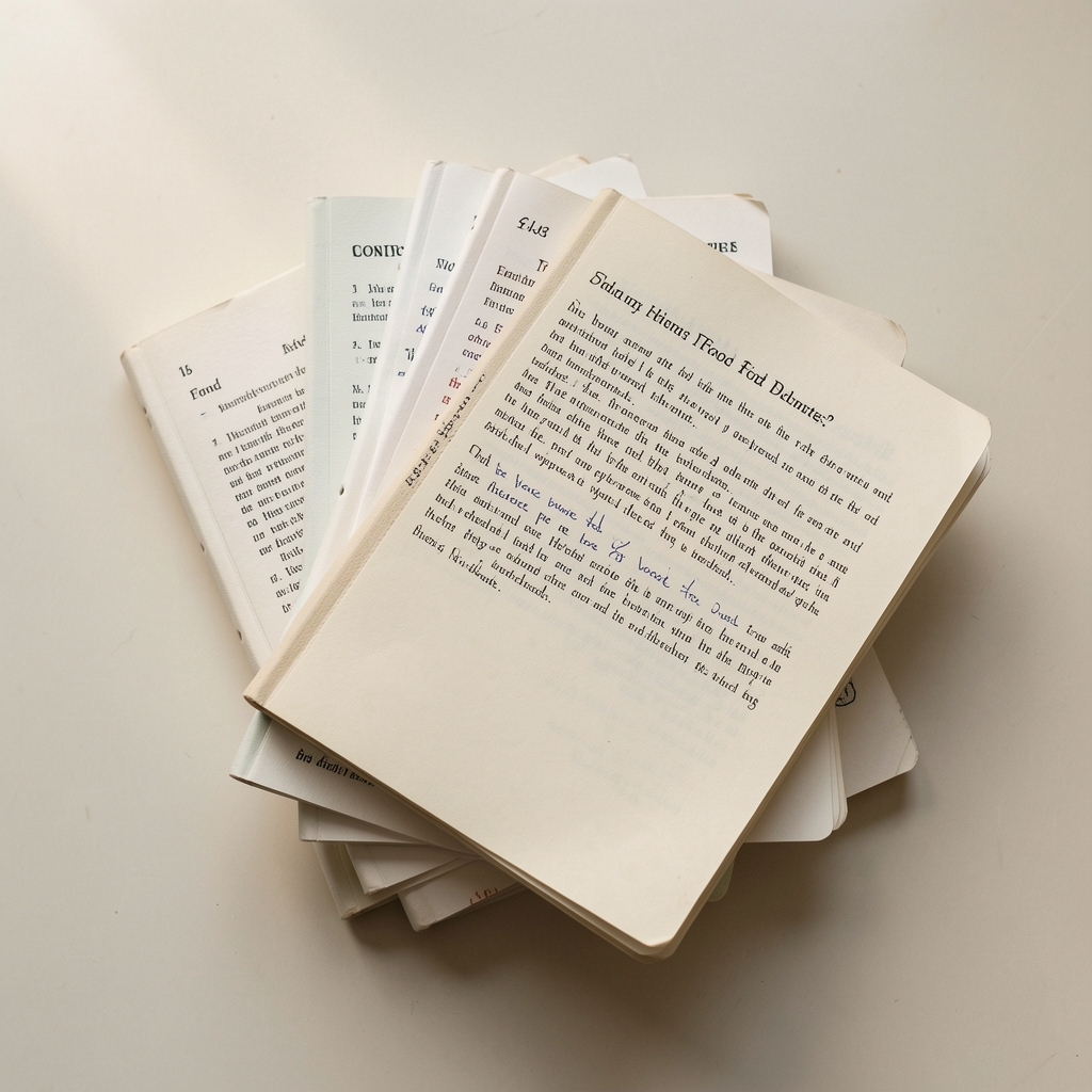 Stack of food journals and printed field notes on a pale surface, overhead perspective, natural light, archival editorial composition