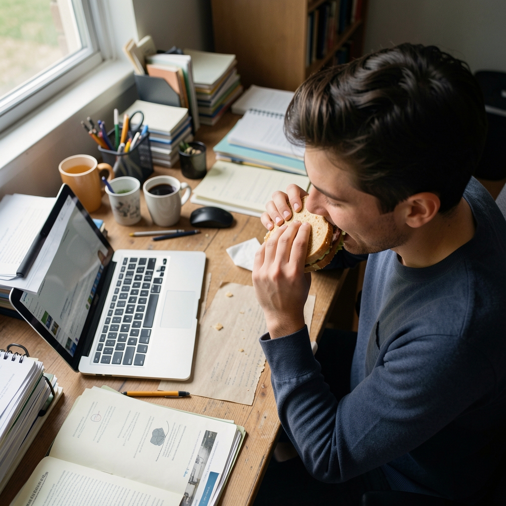 Person eating a sandwich at a cluttered work desk, natural side light, editorial overhead perspective