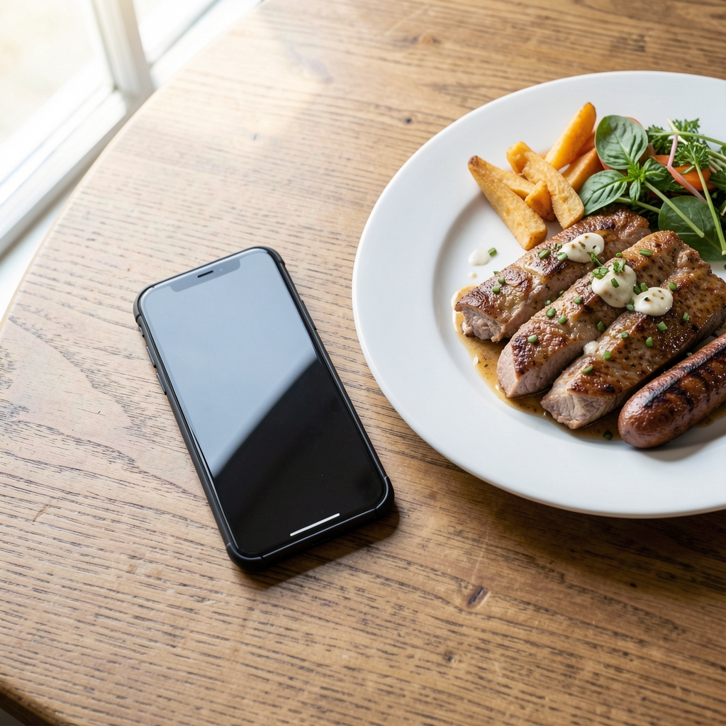 Mobile phone placed face-up next to a meal plate on a wooden table, bright ambient light from a window, editorial overhead serving
