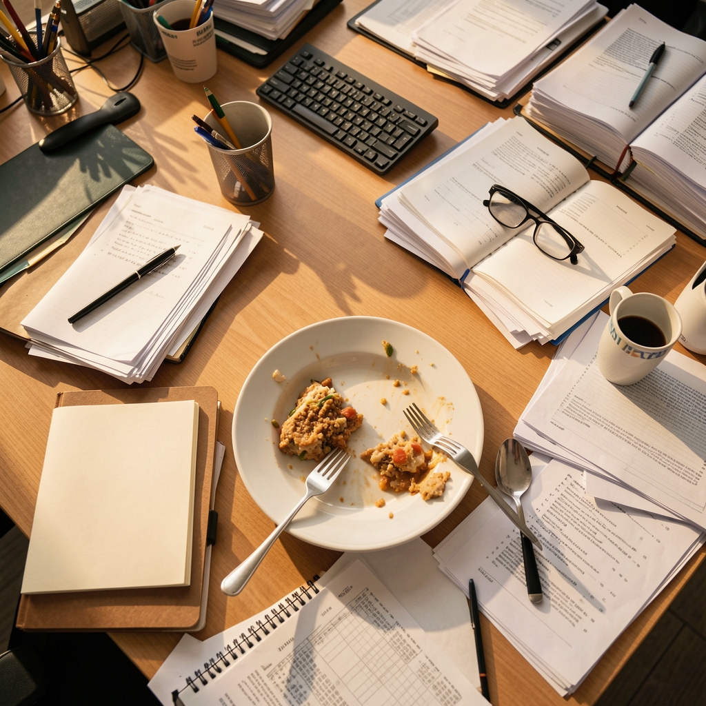 Overhead view of a busy office desk with a half-eaten meal, a notebook, and scattered paperwork under warm morning light